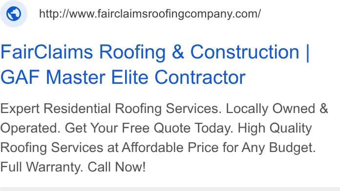 FairClaims Roofing & Construction ad