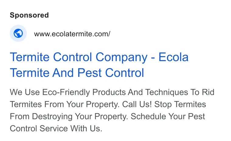 Ecola Termite and Pest Control Services ad