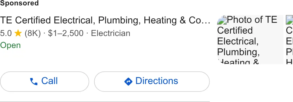 TE Certified, Electrical, Plumbing, Heating & Cooling ad