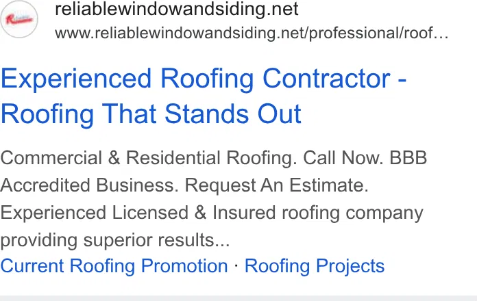 Reliable Roofing, Siding & Windows ad