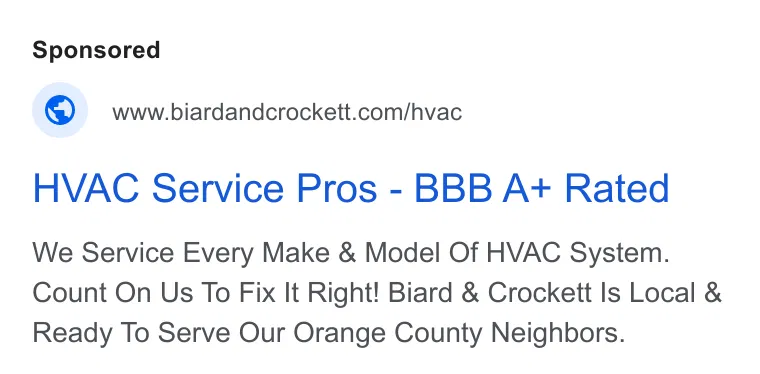Biard & Crockett Plumbing, Heating, and Air Conditioning ad