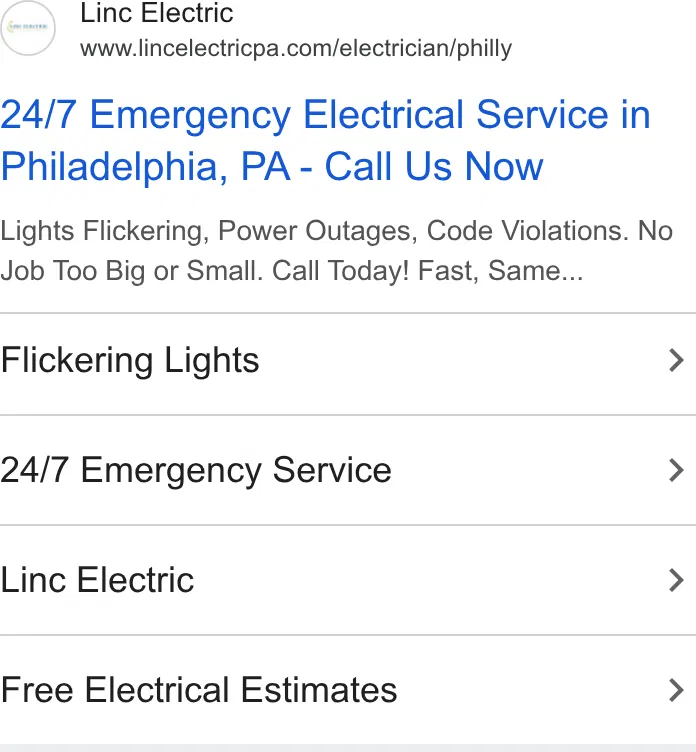 Linc Electric Inc. 24 Hour Emergency Electrician Philadelphia ad