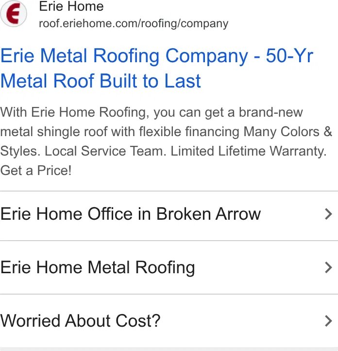 Erie Home Roofing ad