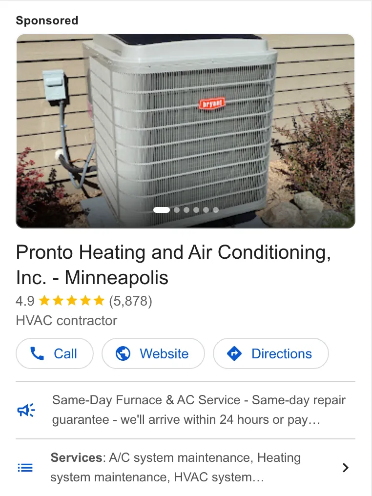 Pronto Heating and Air Conditioning, Inc. ad