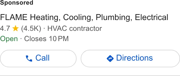 FLAME Heating, Cooling, Plumbing, Electrical ad