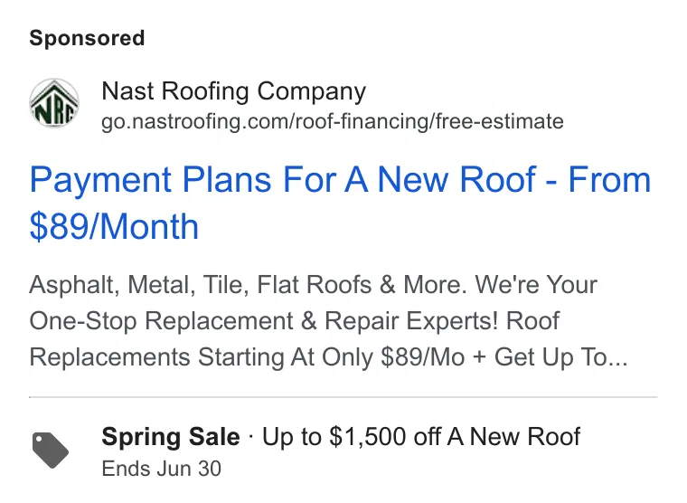 Nast Roofing Co ad